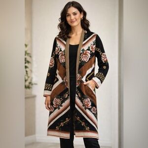 Max Sport Long floral Open Cardigan Sweater - Black, Brown & Pink Size M